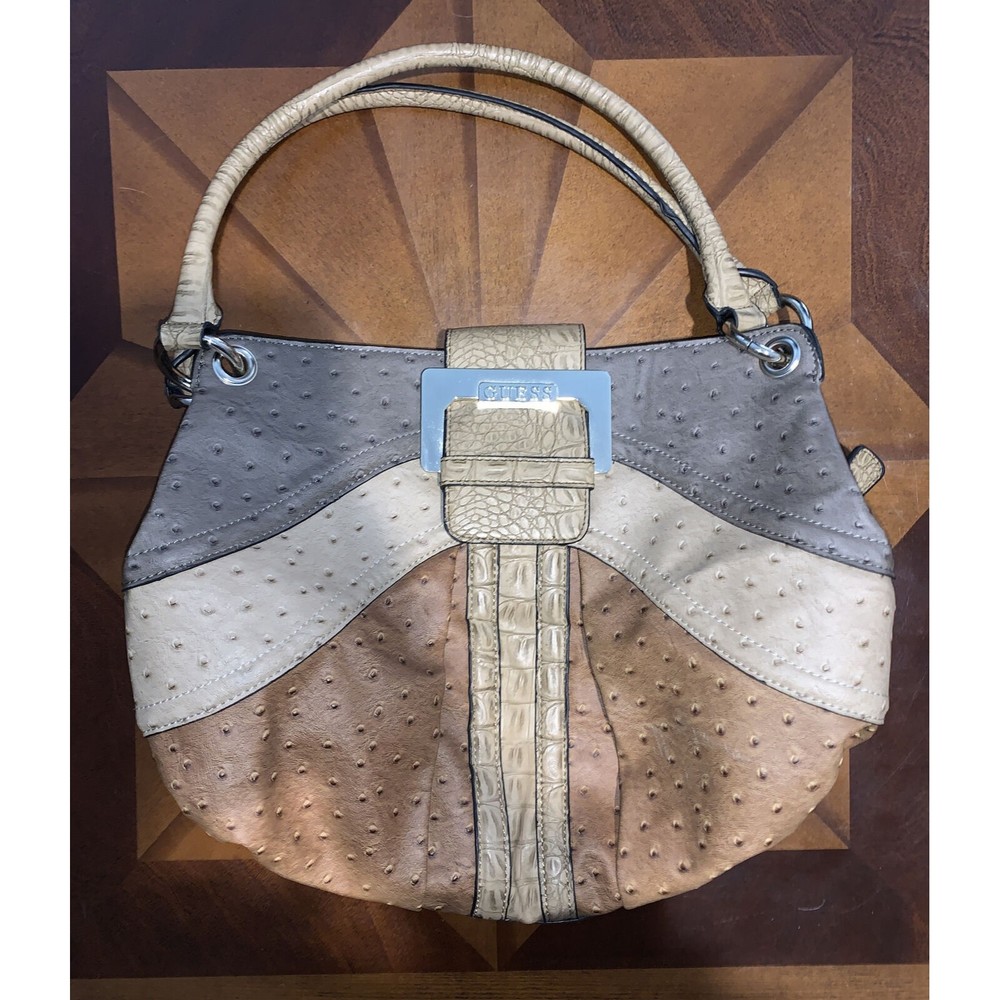 Vintage GUESS Brown Tan Silver Studded Leather Shoulder Bag Ostrich Purse